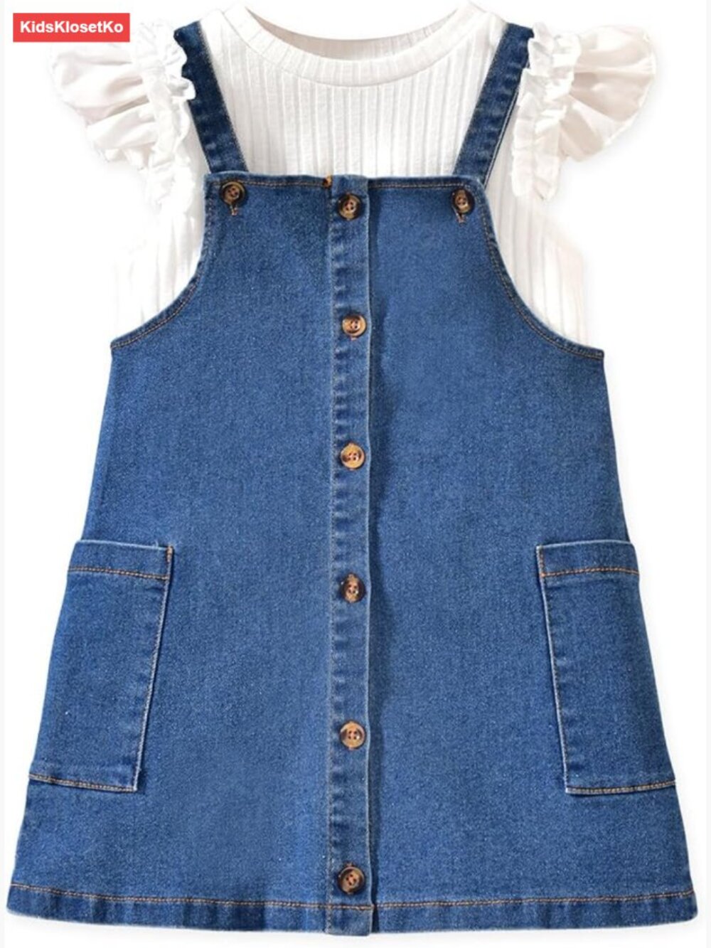 Toddler Girl 2 Piece Butterfly Sleeve Top & Denim Overall Dress Set